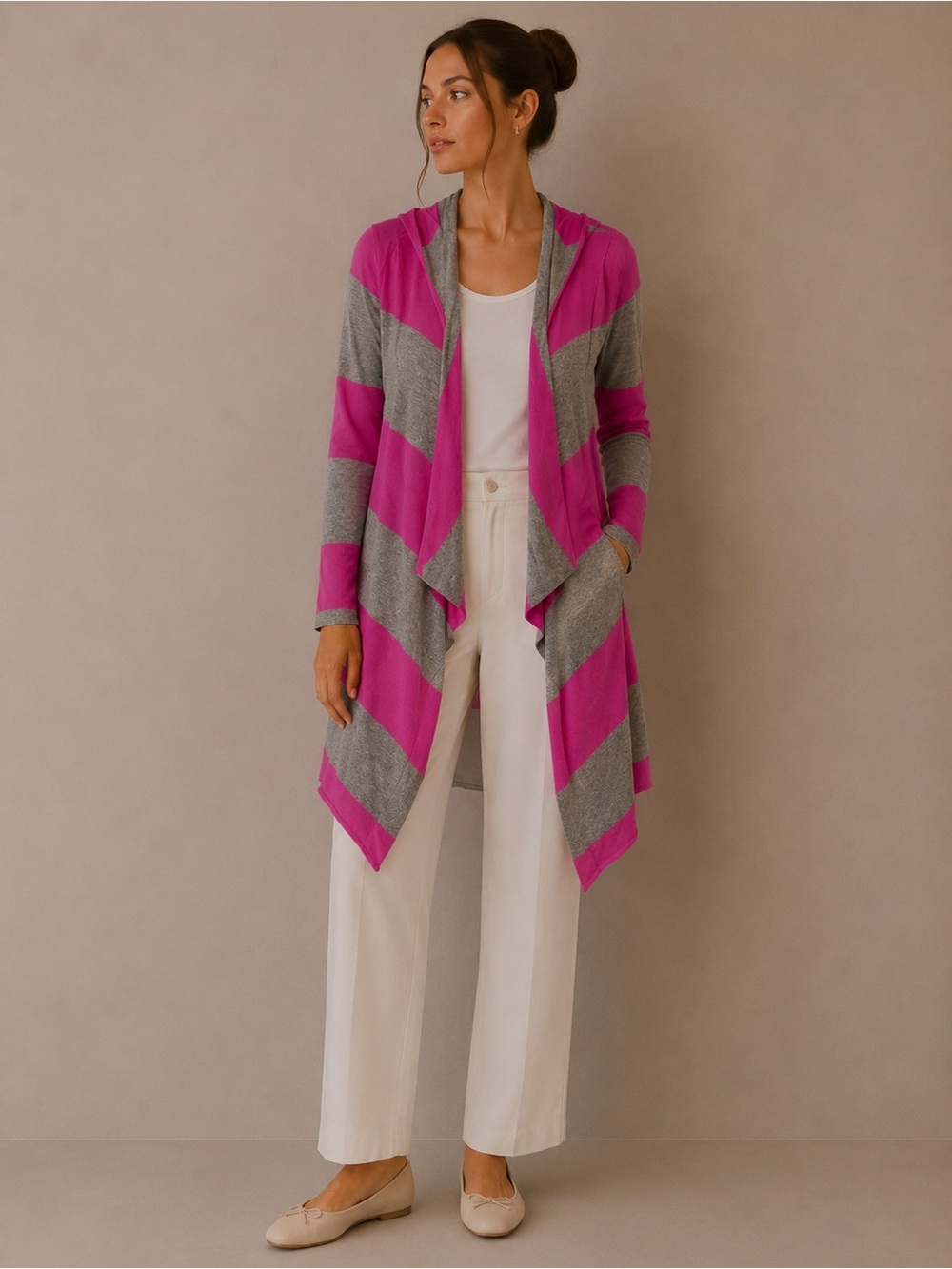 Jamison 100% Cashmere Striped Hooded Open Front Cardigan Sweater - Size XS